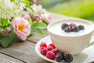 Wall Mural -  milk pudding with berries rustic