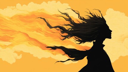 Wall Mural - Silhouette of a woman with flowing hair against a warm, yellow-orange background.  A feeling of freedom and movement.