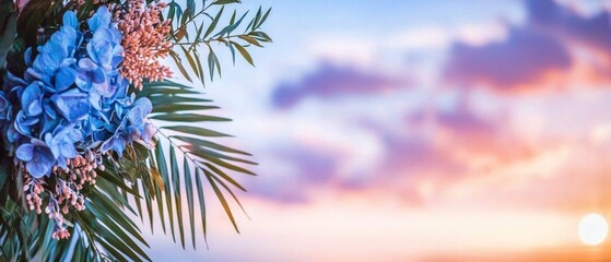 Wall Mural - Pastel Sunset Sky with Blue Hydrangeas and Palm Leaves