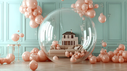 Poster - Surreal Living: A miniature house nestled within a giant bubble surrounded by pink balloons floats against a backdrop of a mint green room, creating a whimsical and surreal scene.  
