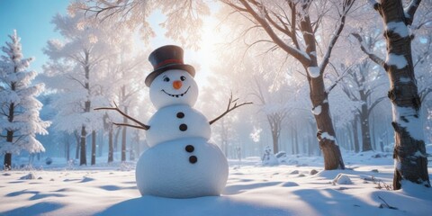 Winter wonderland scene with a happy snowman amidst frosty trees and a blue sky , landscape, peaceful