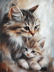 Wall Mural - Two small striped domestic kittens sleeping hugging each other at home lying on bed white blanket funny pose. cute adorable pets cats