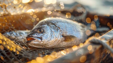 Poster - A freshly caught fish lies on a wooden boat, surrounded by a fishing net. The sunlight creates a shimmering effect on the water, highlighting the vibrant scales.