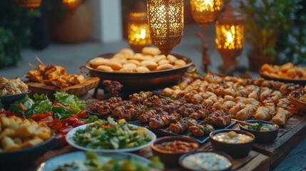 Aufkleber - A lively gathering is taking place as friends and family enjoy a feast featuring an array of colorful dishes, freshly prepared and beautifully presented