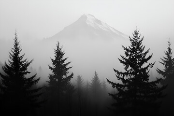 Poster - Misty Mountain Majesty:  A majestic snow-capped mountain peak rises majestically through a veil of mist, framed by the dark silhouettes of evergreen trees in a serene monochrome landscape. 