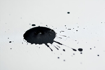 Poster - Ink Drop Abstract: A single black ink drop explodes outward in a mesmerizing spray on a crisp white background, creating a captivating abstract composition.