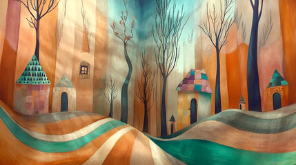 Poster - dreamy cityscape: a whimsical, abstract cityscape with swirling, textured buildings and houses in hu