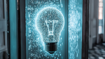 Poster - Illuminating Innovation: A glowing light bulb, rendered in a shimmering digital style, emerges from a field of intricate data, symbolizing the powerful connection between ideas and technology.  