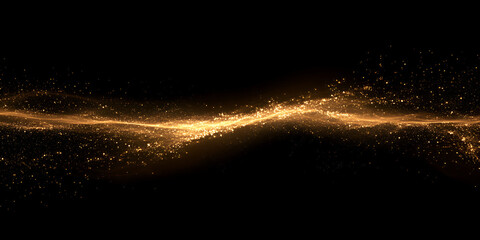 Poster - Golden Stardust Trail: Abstract image of a shimmering, golden stardust trail flowing across a black background, creating a magical and ethereal effect. Perfect for backgrounds, presentations.