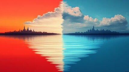 Canvas Print - Dual cityscapes reflected in a serene, split-toned body of water, showcasing vibrant oranges and blues under a cloudy sky.