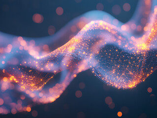 Poster - Cosmic Flow:  Abstract digital art features a vibrant, ethereal flow of glowing particles, illuminated by a soft, warm light. The delicate movement creates a sense of wonder and possibility.