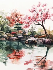 Poster - Beautiful spring landscape with cherry blossom trees and tranquil pond reflecting vibrant colors in a serene park setting. Generative AI