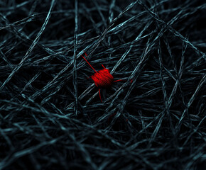 Poster - Hidden Gem: A vibrant red thread coil rests nestled amongst a dense tangle of dark, almost black, strands, creating a striking contrast and a sense of mystery.