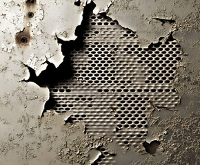 Poster - industrial grunge: a close-up of a weathered metal surface, revealing a torn and rusted patch that e