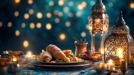 Aufkleber - Gathered around a beautifully set table, family members enjoy a festive Eid dinner, showcasing delectable dishes and glowing lanterns, all radiating warmth and joy during Ramadan
