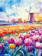 Poster - Vibrant tulip fields with a windmill during spring in a colorful watercolor illustration. Generative AI