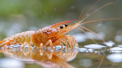 Poster - Shrimp moves gracefully through clear water, showcasing its colorful body and long antennae, surrounded by bubbles and soft light filtering from above.