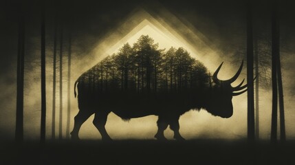 Canvas Print - Silhouette of a large horned animal, possibly a mythical creature, merges with a forest scene in a moody, sepia-toned image.