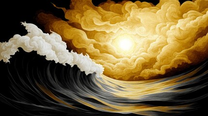 Poster - Golden hour ocean wave art. Dramatic dark and gold colors create a mystical mood.