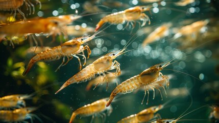 Poster - Clusters of shrimp move dynamically through clear water, revealing their translucent bodies and delicate features while light filters through from above.