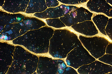 Poster - Golden Veins on Black: Abstract art of iridescent gold veins flowing on a dark textured surface, creating an ethereal and mesmerizing display. 