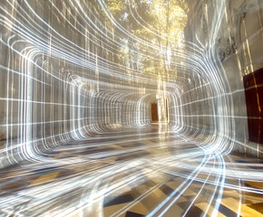 Fototapete - light trails in historic hallway: abstract light painting creates dynamic trails of light within a g
