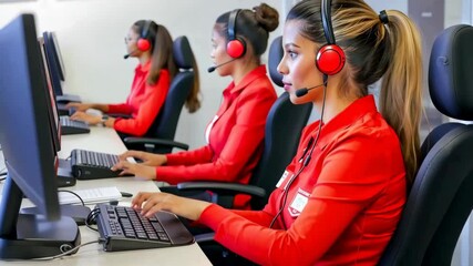 Poster - A group of individuals wearing headsets, focused on computers in a modern office environment, dressed in vibrant red attire.