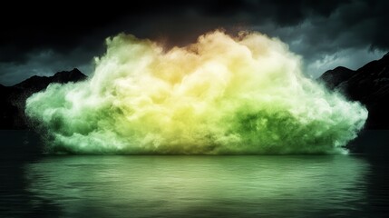 Wall Mural - Abstract green and yellow smoke cloud erupts over calm water, creating a surreal and moody atmosphere.