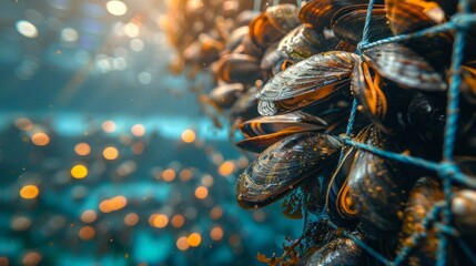Poster - A close up perspective of mussels suspended in a net underwater, highlighting aquaculture methods used in coastal farming under sunlight glimmering through the water.