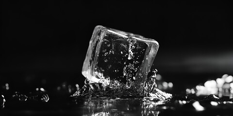 Poster - Ice Cube Splash: A close-up, black and white photograph capturing the moment an ice cube plunges into water, creating a dramatic splash and scattering water droplets.