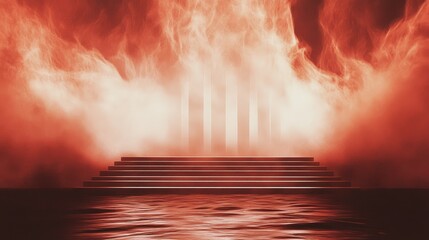 Canvas Print - Mysterious stairway ascending into a fiery, smoky haze. An ethereal and dramatic scene.