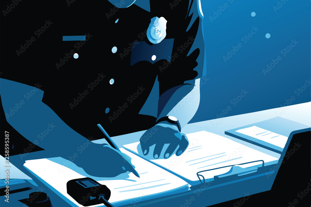 A diligent police officer meticulously fills out paperwork at their ...