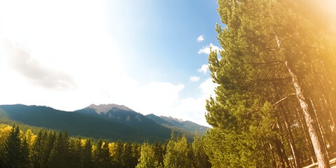 Poster - Mountain Majesty: Sunlight streams through towering pines, illuminating a breathtaking vista of majestic mountains, their peaks piercing a vibrant blue sky.