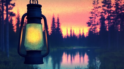 Sticker - A glowing lantern hangs in the twilight, silhouetted against a serene lakeside forest at sunset. Warm hues paint the sky.