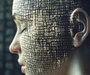 Poster - digital persona: a close-up profile view of a person's face, seamlessly integrated with a mosaic of 