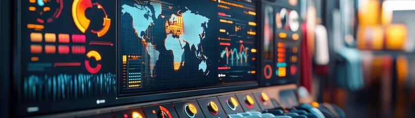 Poster - A high-tech dashboard displays global data analytics with colorful graphs and maps, emphasizing data visualization and monitoring.