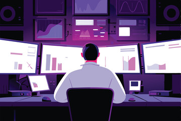 A focused researcher meticulously analyzes data on multiple computer screens in a modern, well-equipped computer lab.