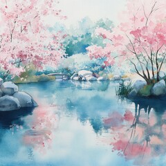 Poster - Tranquil cherry blossom landscape reflecting in calm waters of serene pond during springtime in a peaceful park setting. Generative AI