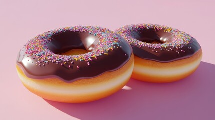 A charming set of three chocolate-dipped donuts, topped with colorful sprinkles, laid on a plush pink base