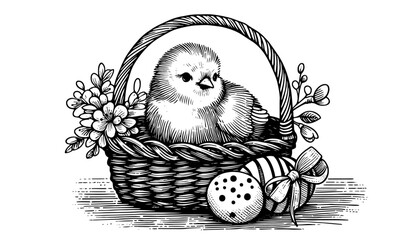 Wall Mural - black and white easter sketch featuring chick in woven basket