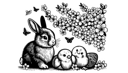 Wall Mural - festive easter meadow with a bunny, chicks, and floral elements, black and white sketch