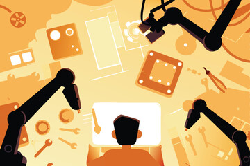 a focused robotics engineer meticulously repairs a complex robot surrounded by advanced technologica