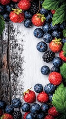 Wall Mural - Red And Blue Berries On Rustic White Wooden Background