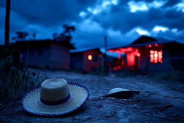 Wall Mural - Cinco de mayo background, A Mexican sombrero and small houses in the background, a Mexican village scene