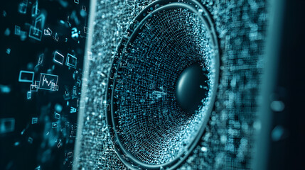 Fototapete - Abstract Speaker Data Flow:  A mesmerizing close-up of a speaker cone, textured with a futuristic data stream.  Digital particles swirl and dance.