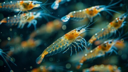 Aufkleber - Numerous transparent shrimp move gracefully through clear water, surrounded by bubbles and particles while exhibiting their vivid colors in a lively aquatic ecosystem.