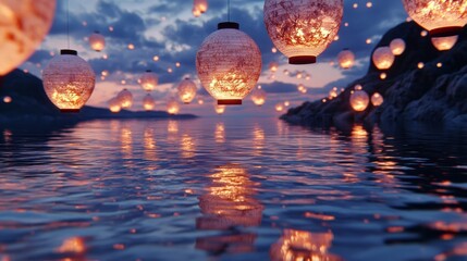 Poster - Glowing lanterns float over calm water at dusk, creating a magical, serene atmosphere.  The warm light reflects beautifully on the water's surface.