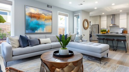 Wall Mural - Modern living room with a comfortable sectional, elegant coffee table, and stylish wall art