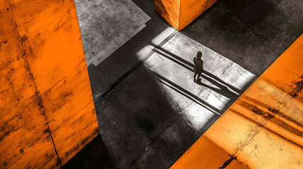 Poster - Solitude in Concrete: A solitary figure stands in a stark concrete structure, bathed in a stream of sunlight that slices through the geometric lines, creating a dramatic interplay of light and shadow.