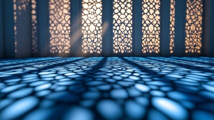 Poster - Delicate patterns emerge as light filters through an ornate structure, creating a mesmerizing arabesque shadow play on a tranquil blue floor during golden hour